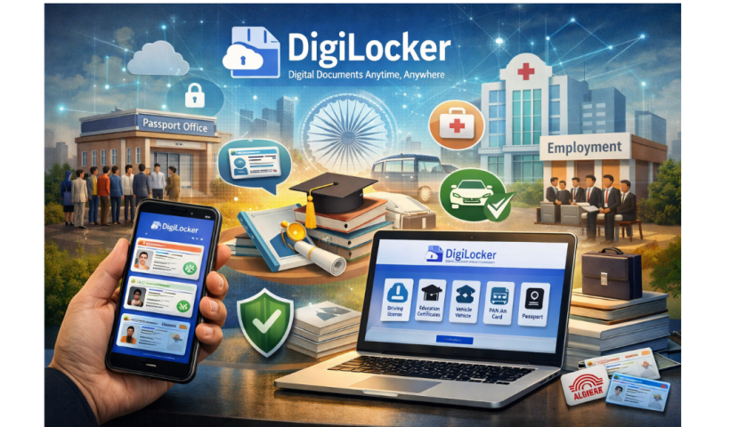 A digital illustration showcasing DigiLocker’s platform with a smartphone and laptop displaying digital documents such as Aadhaar, PAN card, driving license, and educational certificates. Background shows icons representing passport offices, hospitals, employment services, and vehicle registration, emphasizing secure, accessible, and seamless digital document management in a futuristic city setting."