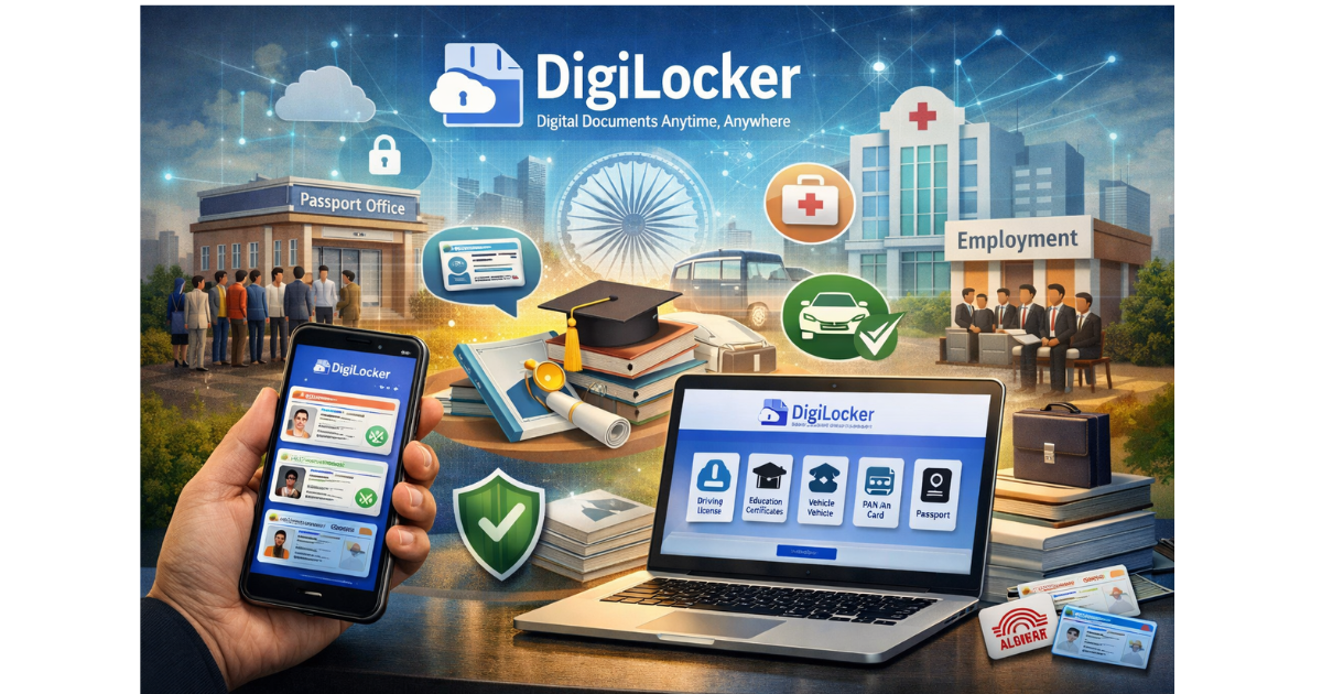 A digital illustration showcasing DigiLocker’s platform with a smartphone and laptop displaying digital documents such as Aadhaar, PAN card, driving license, and educational certificates. Background shows icons representing passport offices, hospitals, employment services, and vehicle registration, emphasizing secure, accessible, and seamless digital document management in a futuristic city setting."