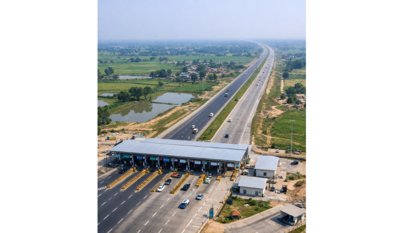 Aerial view of the under-construction Ganga Expressway in Uttar Pradesh with toll plazas and multi-lane access-controlled highway stretching across green fields.