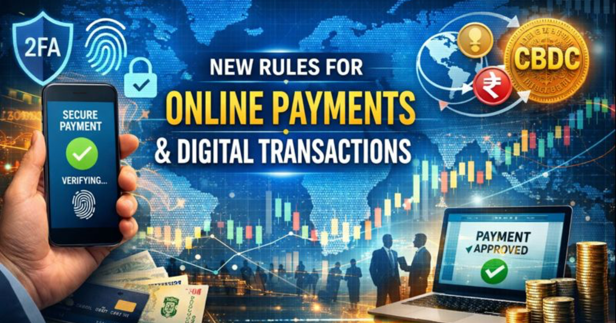 Infographic explaining new rules affecting online payments and digital transactions, highlighting stronger security measures, payment platform oversight, transaction limits, cross-border payments, revised service fees, and the impact on users and businesses, shown with icons and a digital blue background.