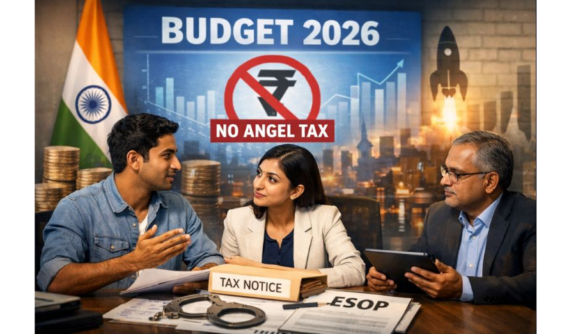 Infographic explaining Budget 2026 expectations of Indian startups, highlighting permanent removal of angel tax, settlement of legacy tax cases, legal certainty on startup valuations, and reforms in ESOP taxation.