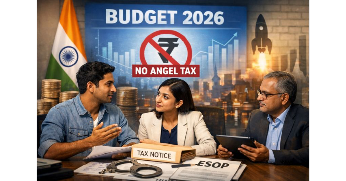 Infographic explaining Budget 2026 expectations of Indian startups, highlighting permanent removal of angel tax, settlement of legacy tax cases, legal certainty on startup valuations, and reforms in ESOP taxation.