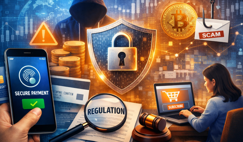 Digital illustration showing secure digital payments, online consumer protection, and updated regulations, with a smartphone displaying payment approval, a security shield, and legal symbols.