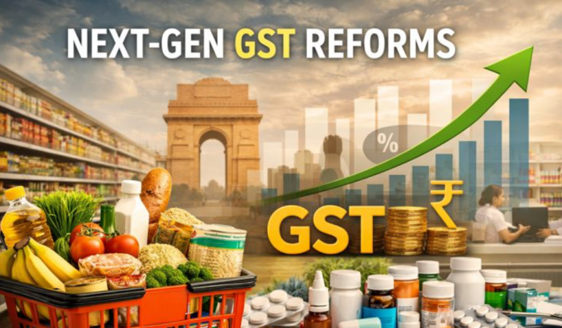 Infographic showing how India’s next-generation GST reforms reduce grocery and medicine prices through slab rationalisation, lower compliance costs, and improved supply chains.