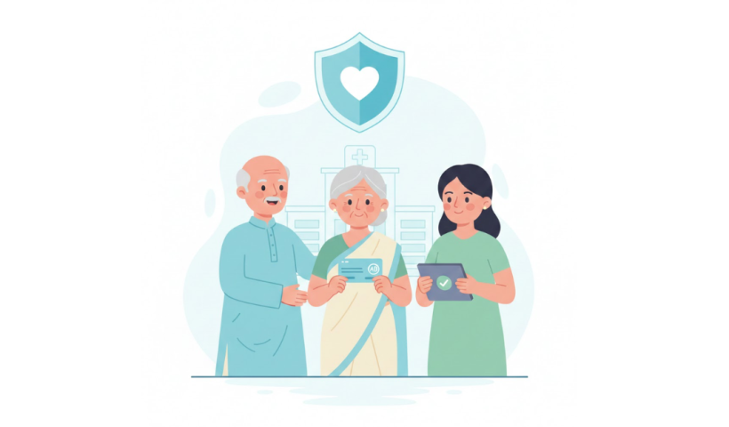 Senior citizens showing Ayushman Bharat health card at a government hospital registration counter in India