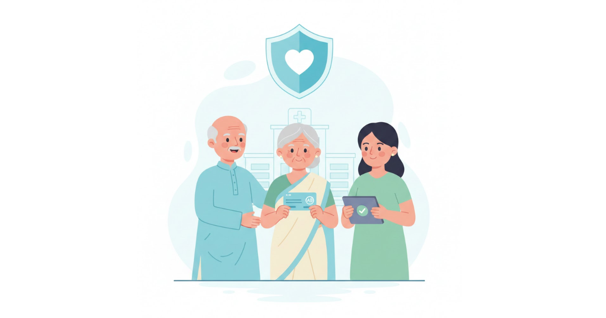 Senior citizens showing Ayushman Bharat health card at a government hospital registration counter in India