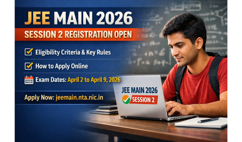 JEE Main 2026 Session 2 registration infographic showing eligibility rules, exam dates, and online application process at jeemain.nta.nic.in.